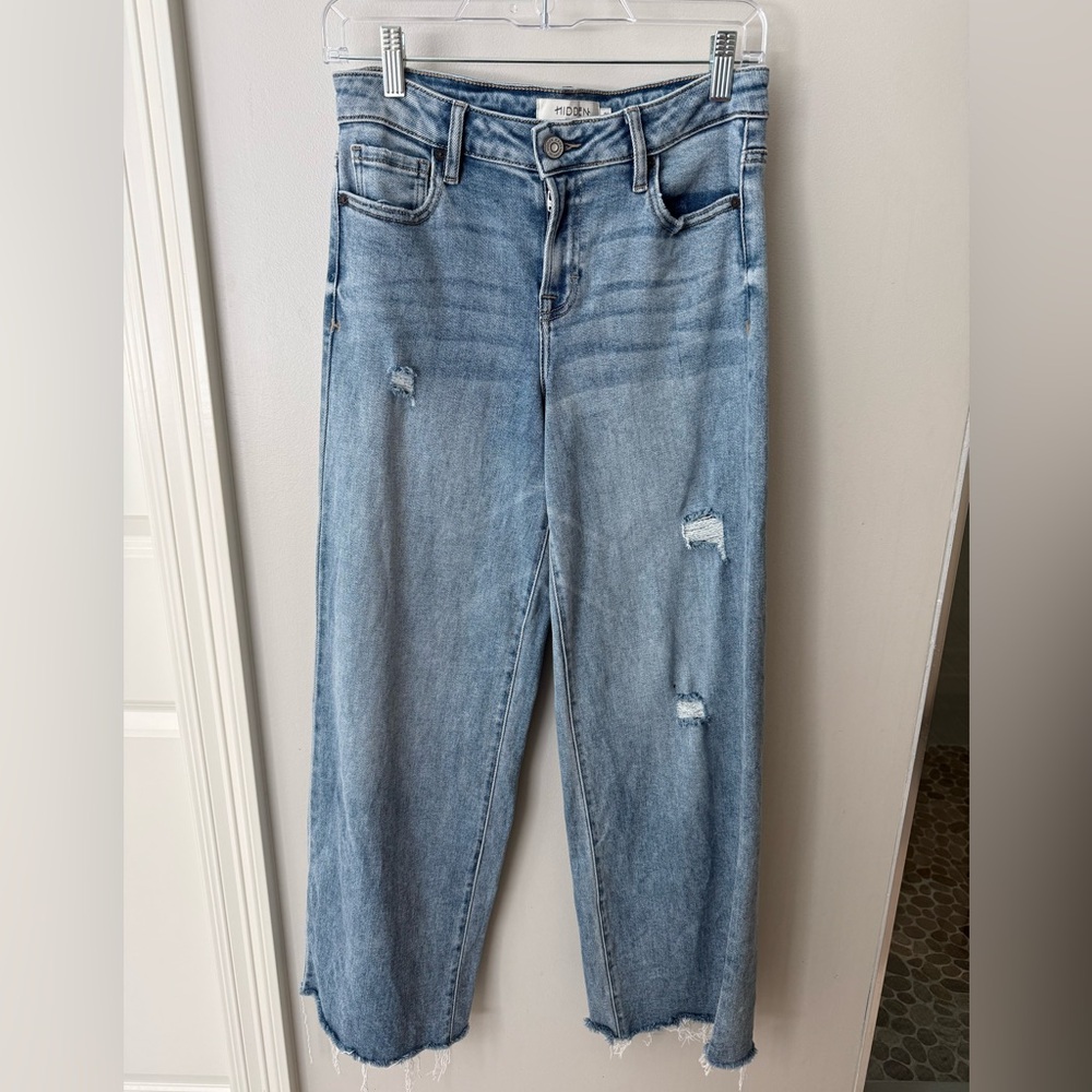 Casual Light Blue Distressed Women's Wide Leg Jeans